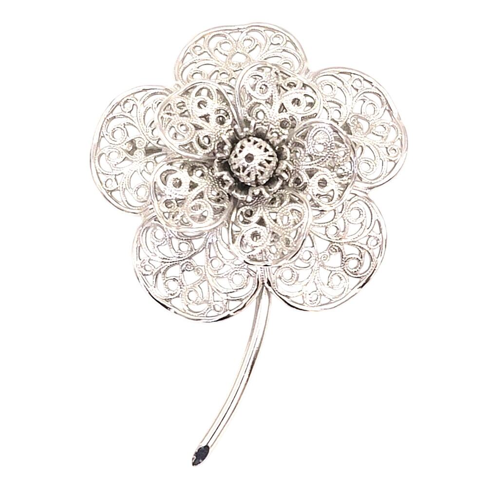 Signed Monet Filigree Flower Brooch Silver Tone Vintage Floral